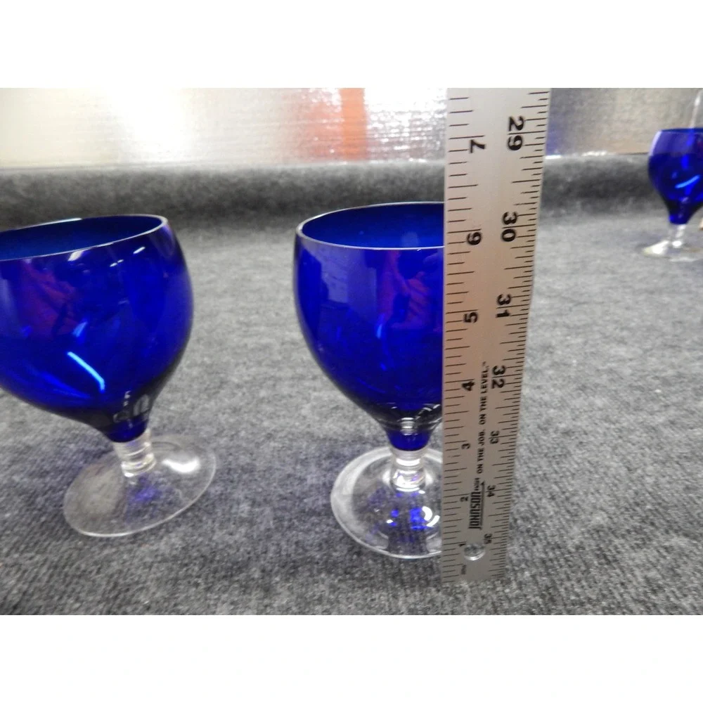 Vintage Cobalt Blue Glass Goblets Set of 2 Clear Stem Water Wine Glasses